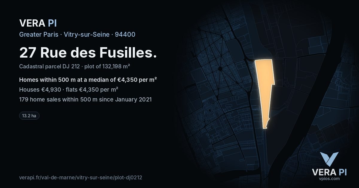 27 Rue des Fusilles, Vitry-sur-Seine at night – the plot lit, the parcels around coloured by the prices near them
