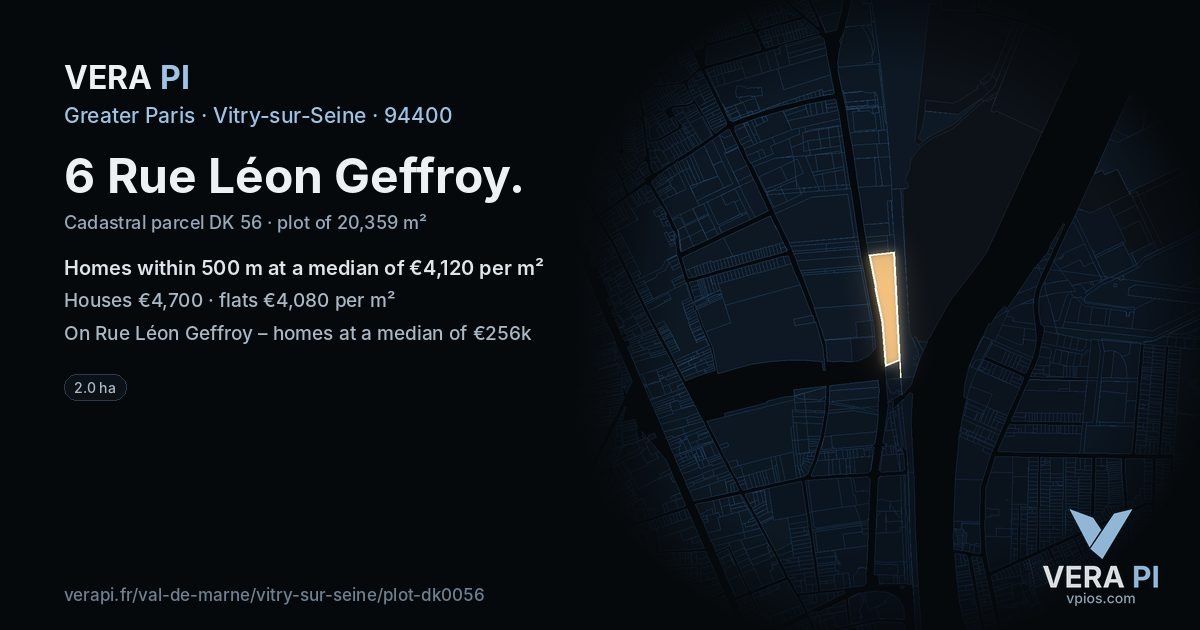 6 Rue Léon Geffroy, Vitry-sur-Seine at night – the plot lit, the parcels around coloured by the prices near them