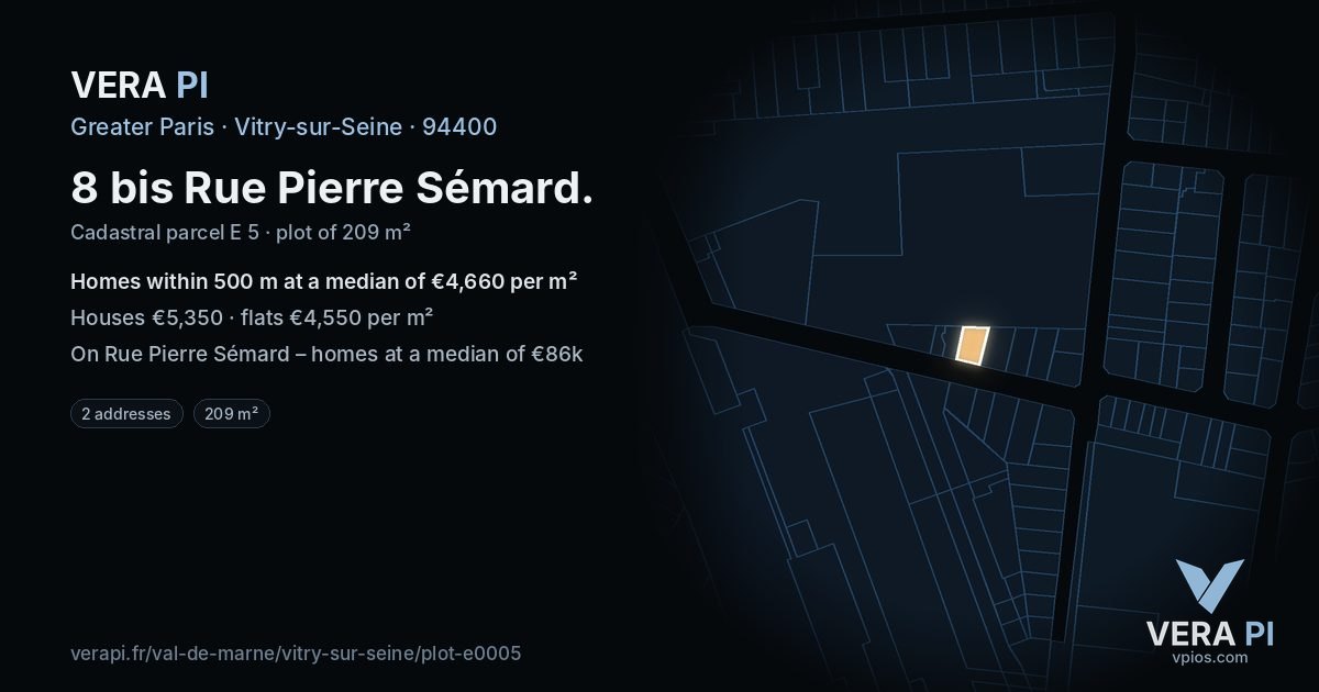 8 bis Rue Pierre Sémard, Vitry-sur-Seine at night – the plot lit, the parcels around coloured by the prices near them