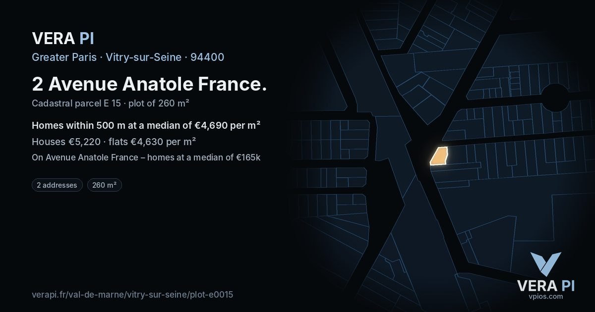 2 Avenue Anatole France, Vitry-sur-Seine at night – the plot lit, the parcels around coloured by the prices near them