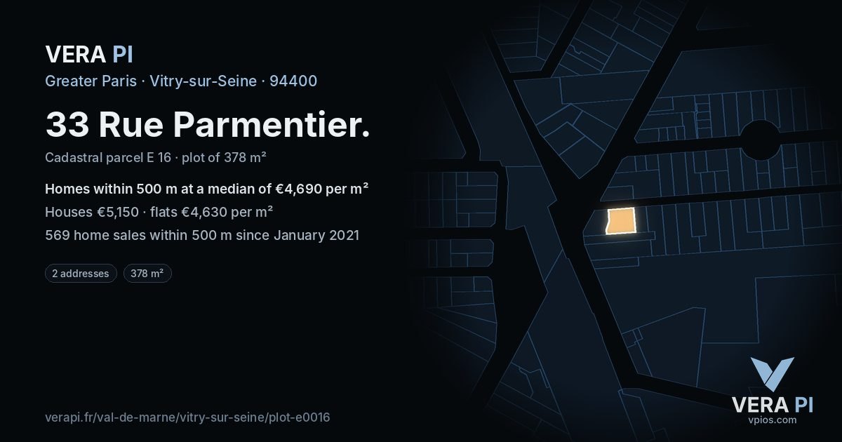33 Rue Parmentier, Vitry-sur-Seine at night – the plot lit, the parcels around coloured by the prices near them