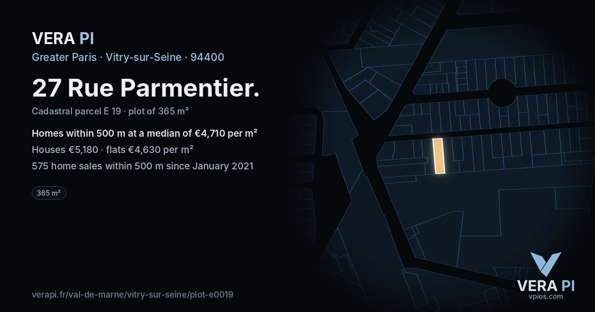 27 Rue Parmentier, Vitry-sur-Seine at night – the plot lit, the parcels around coloured by the prices near them