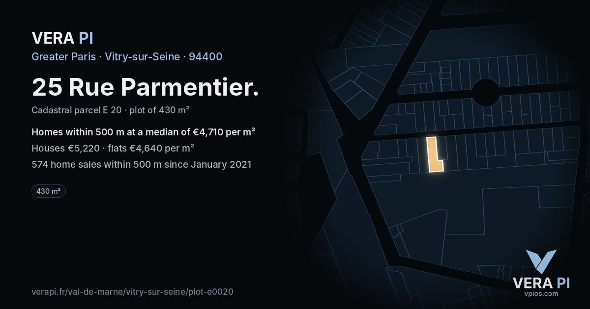 25 Rue Parmentier, Vitry-sur-Seine at night – the plot lit, the parcels around coloured by the prices near them