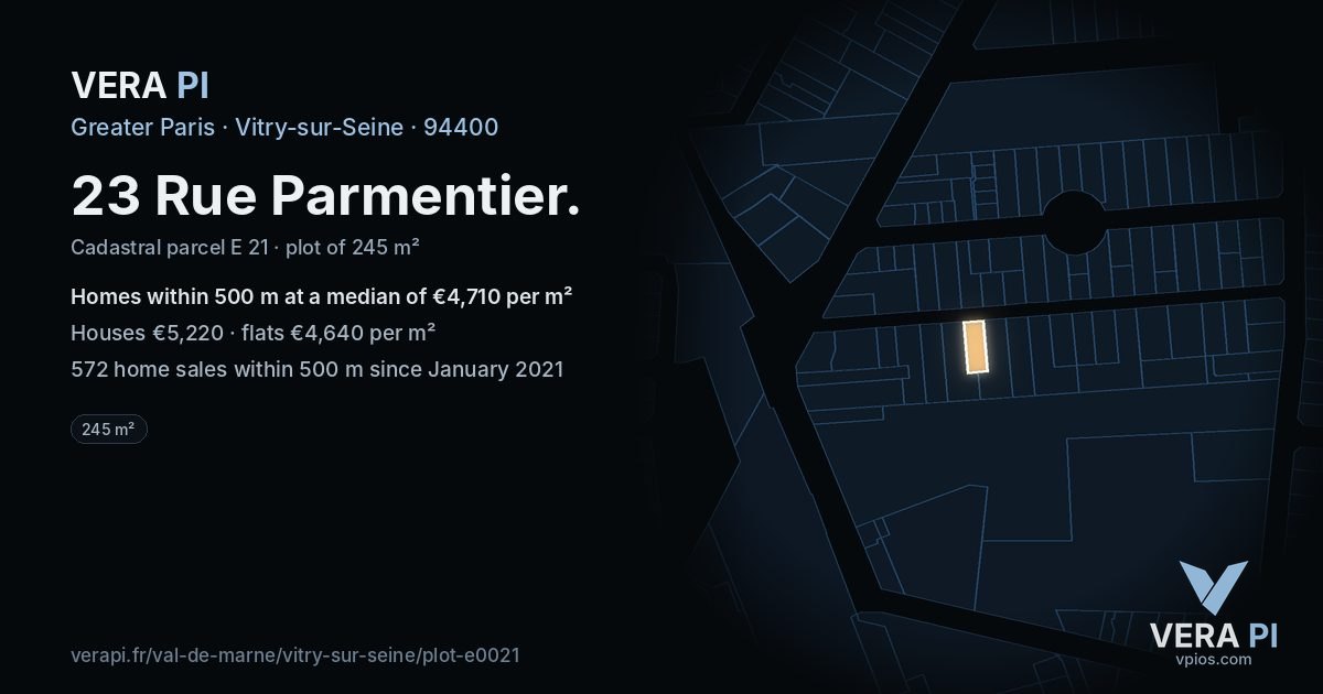 23 Rue Parmentier, Vitry-sur-Seine at night – the plot lit, the parcels around coloured by the prices near them