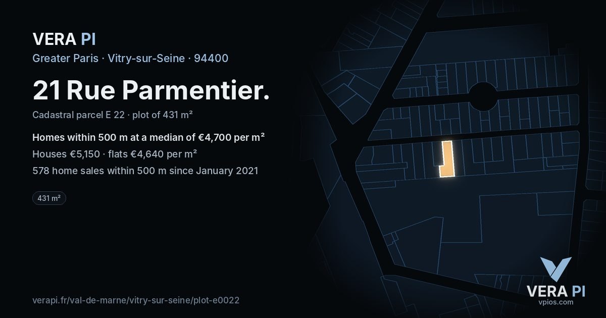 21 Rue Parmentier, Vitry-sur-Seine at night – the plot lit, the parcels around coloured by the prices near them
