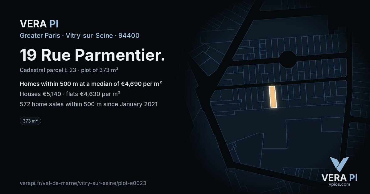 19 Rue Parmentier, Vitry-sur-Seine at night – the plot lit, the parcels around coloured by the prices near them