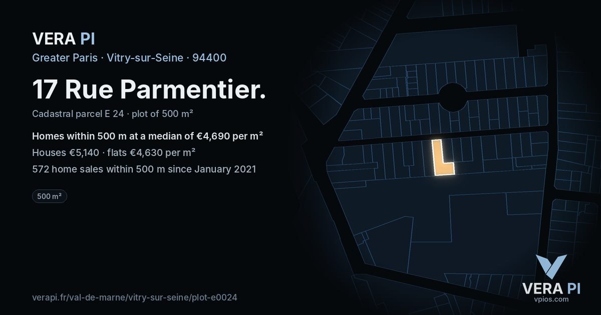 17 Rue Parmentier, Vitry-sur-Seine at night – the plot lit, the parcels around coloured by the prices near them