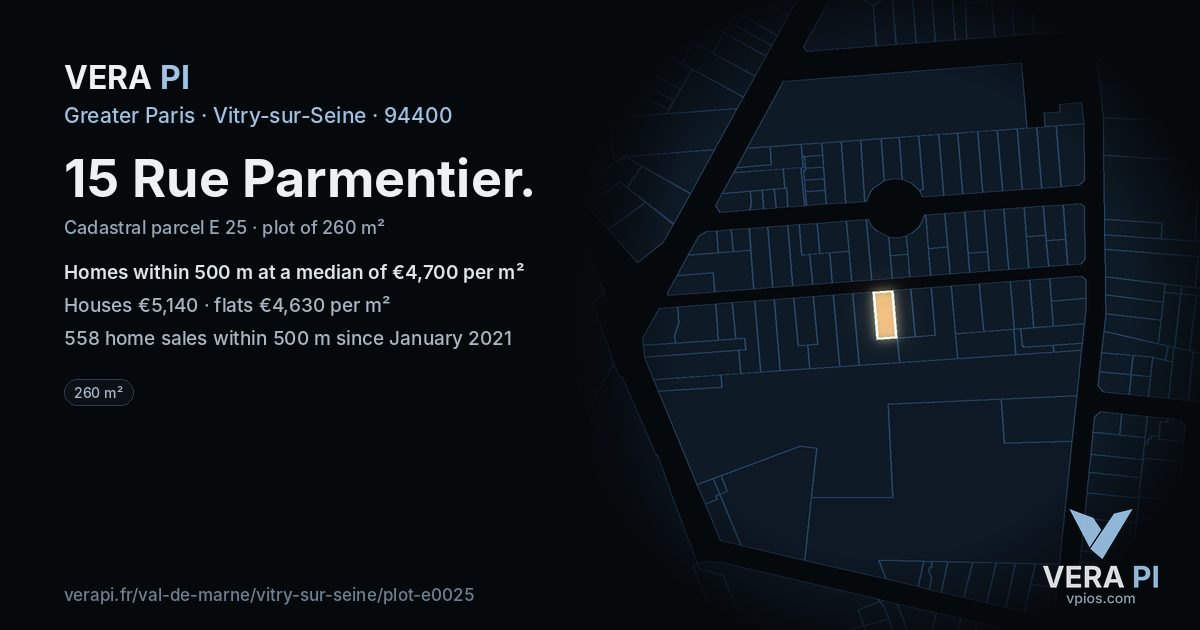 15 Rue Parmentier, Vitry-sur-Seine at night – the plot lit, the parcels around coloured by the prices near them