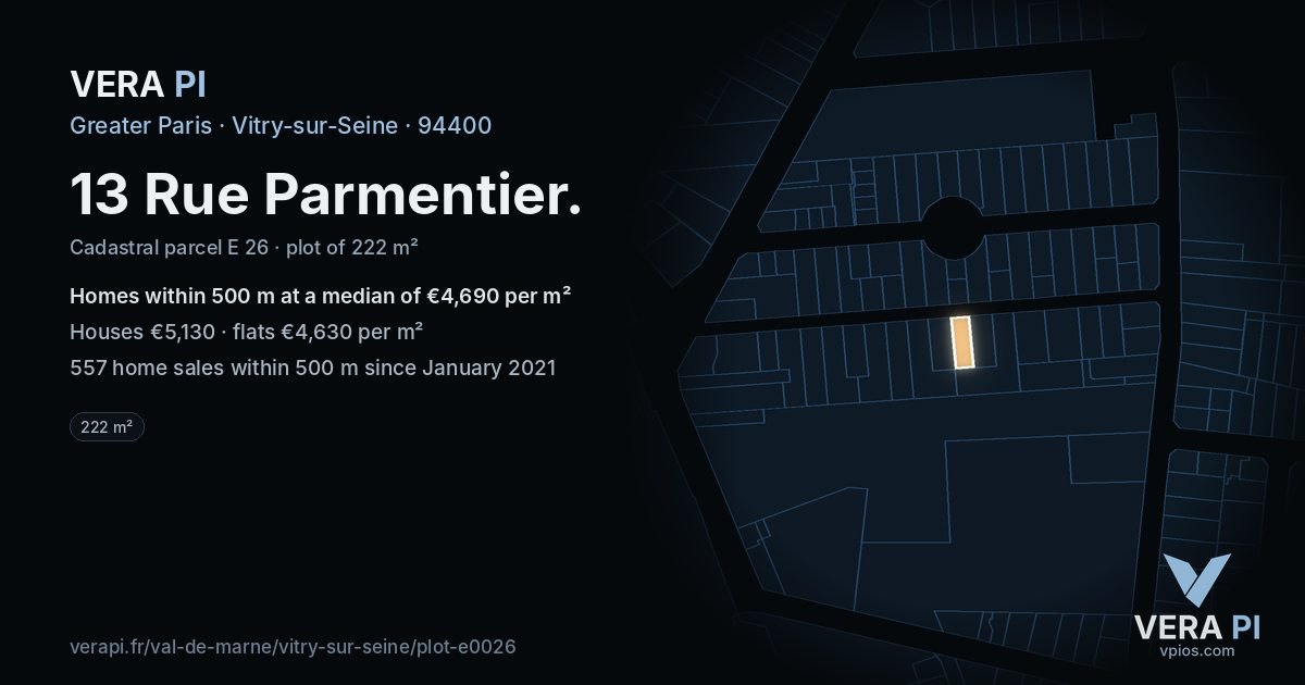 13 Rue Parmentier, Vitry-sur-Seine at night – the plot lit, the parcels around coloured by the prices near them