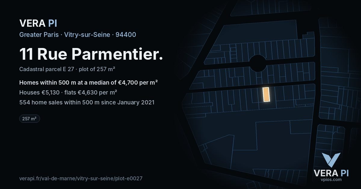 11 Rue Parmentier, Vitry-sur-Seine at night – the plot lit, the parcels around coloured by the prices near them