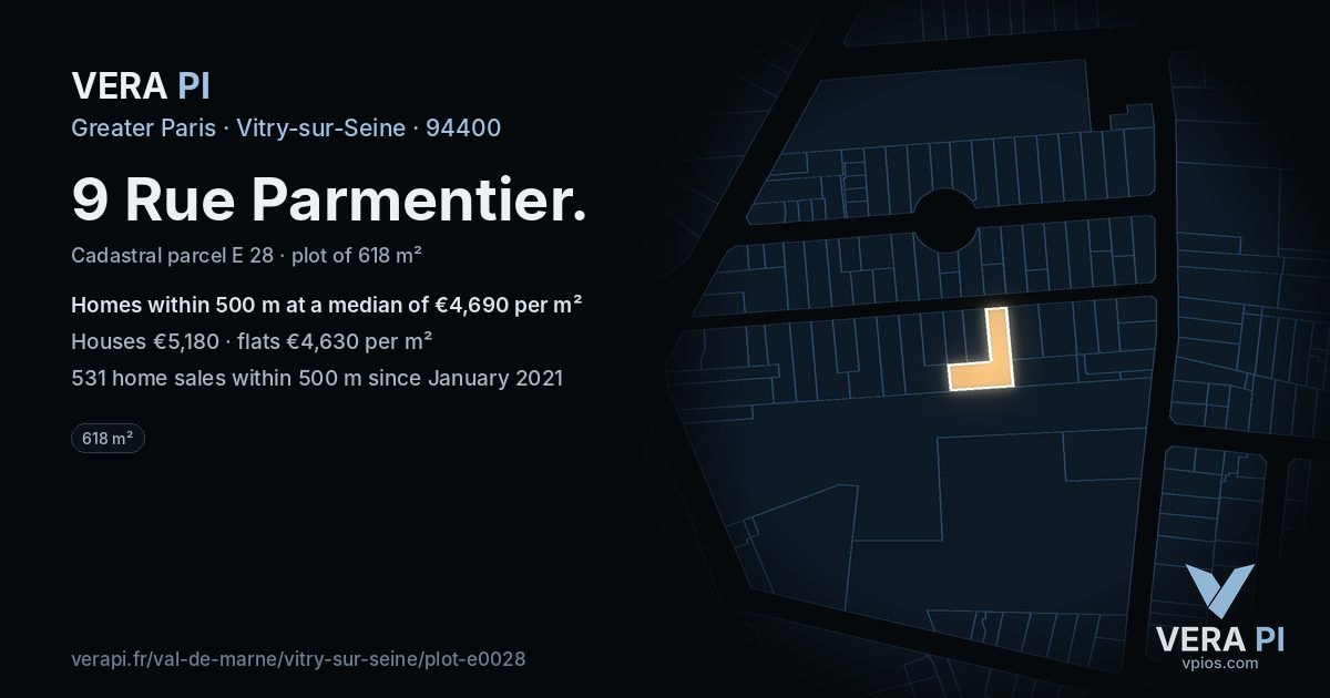 9 Rue Parmentier, Vitry-sur-Seine at night – the plot lit, the parcels around coloured by the prices near them