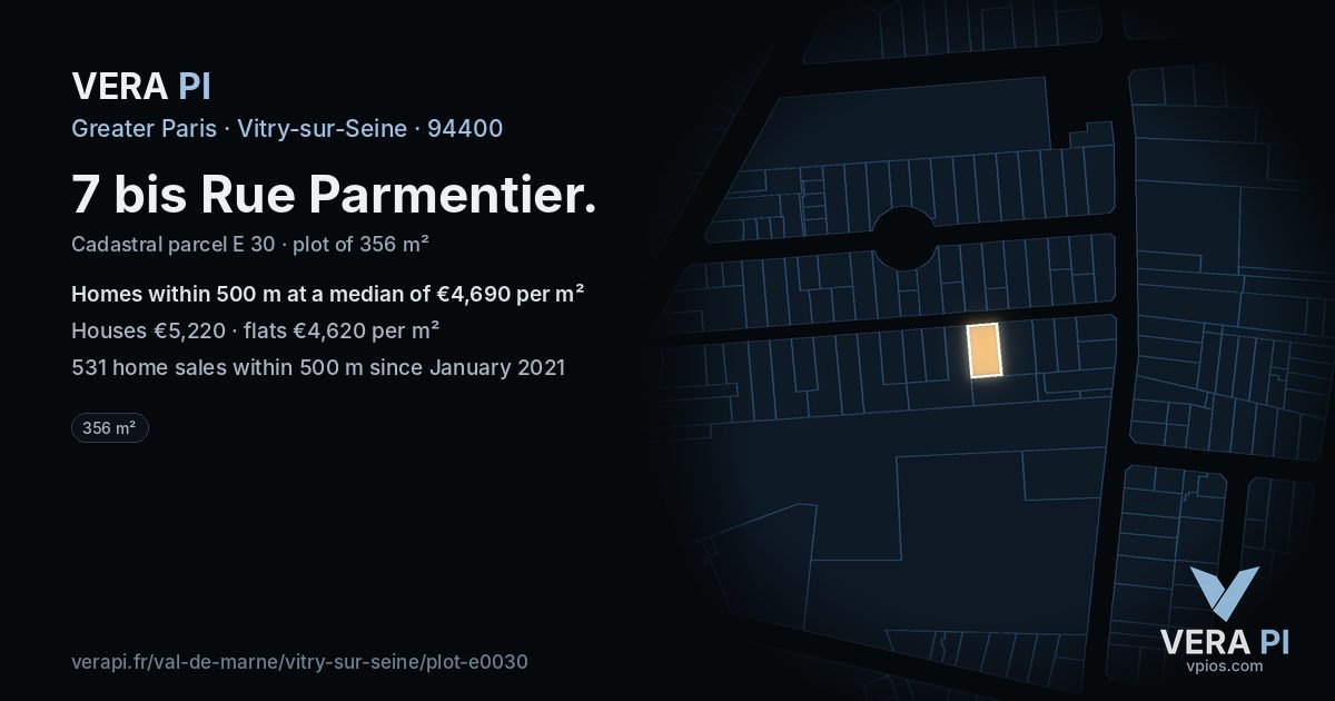 7 bis Rue Parmentier, Vitry-sur-Seine at night – the plot lit, the parcels around coloured by the prices near them