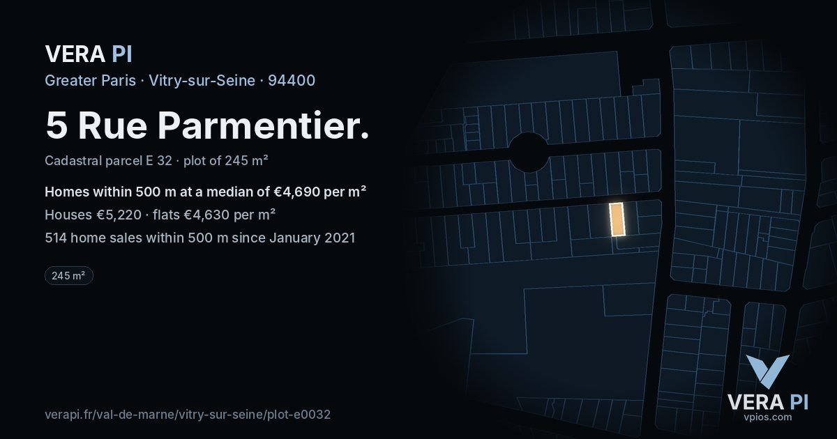 5 Rue Parmentier, Vitry-sur-Seine at night – the plot lit, the parcels around coloured by the prices near them