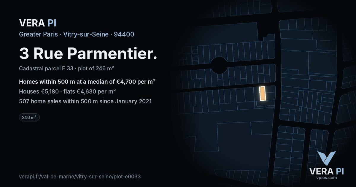 3 Rue Parmentier, Vitry-sur-Seine at night – the plot lit, the parcels around coloured by the prices near them