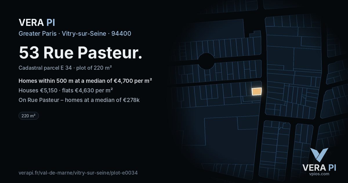 53 Rue Pasteur, Vitry-sur-Seine at night – the plot lit, the parcels around coloured by the prices near them