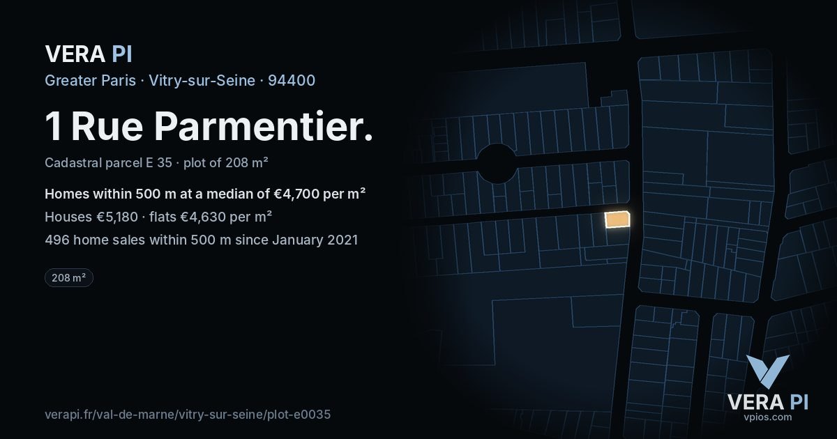 1 Rue Parmentier, Vitry-sur-Seine at night – the plot lit, the parcels around coloured by the prices near them
