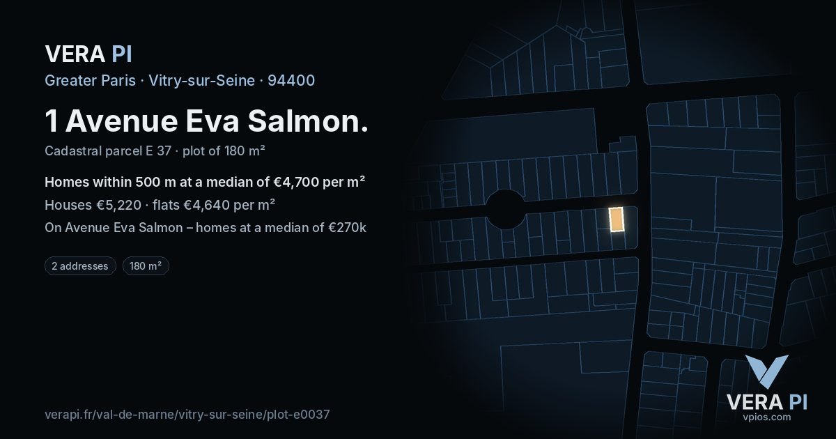 1 Avenue Eva Salmon, Vitry-sur-Seine at night – the plot lit, the parcels around coloured by the prices near them