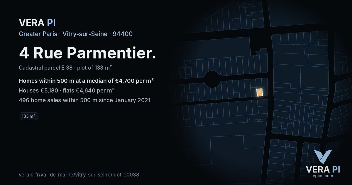 4 Rue Parmentier, Vitry-sur-Seine at night – the plot lit, the parcels around coloured by the prices near them