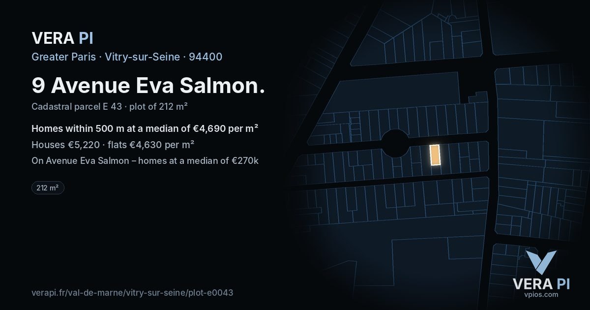9 Avenue Eva Salmon, Vitry-sur-Seine at night – the plot lit, the parcels around coloured by the prices near them