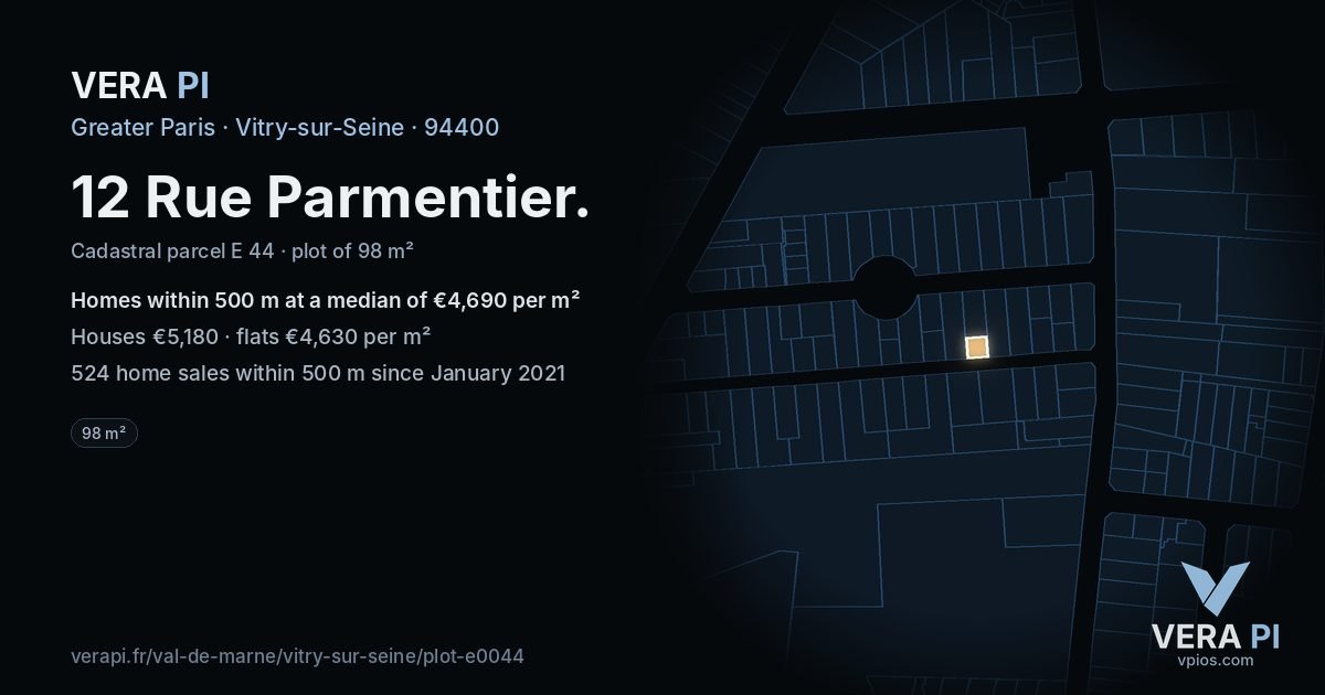 12 Rue Parmentier, Vitry-sur-Seine at night – the plot lit, the parcels around coloured by the prices near them
