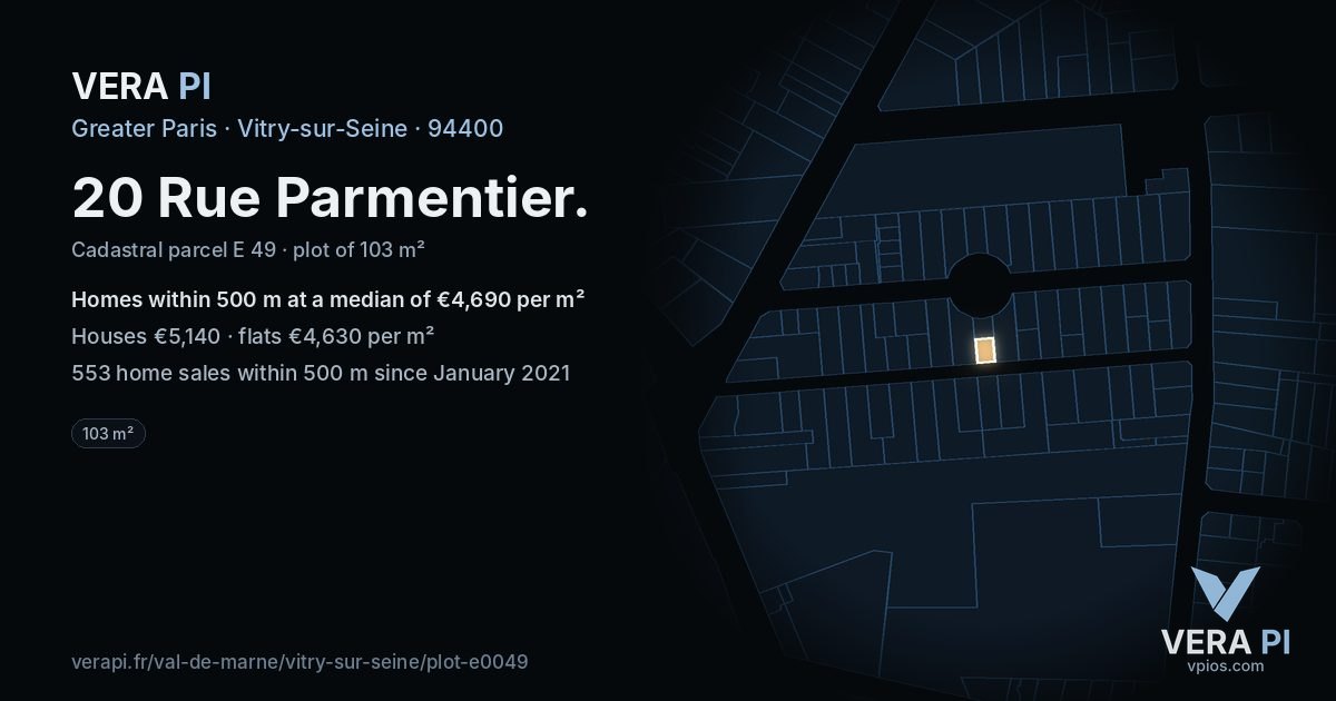 20 Rue Parmentier, Vitry-sur-Seine at night – the plot lit, the parcels around coloured by the prices near them