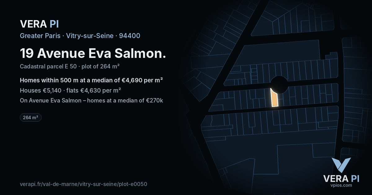 19 Avenue Eva Salmon, Vitry-sur-Seine at night – the plot lit, the parcels around coloured by the prices near them