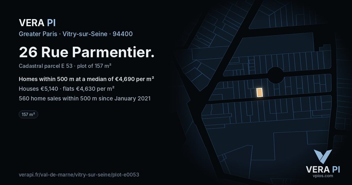 26 Rue Parmentier, Vitry-sur-Seine at night – the plot lit, the parcels around coloured by the prices near them