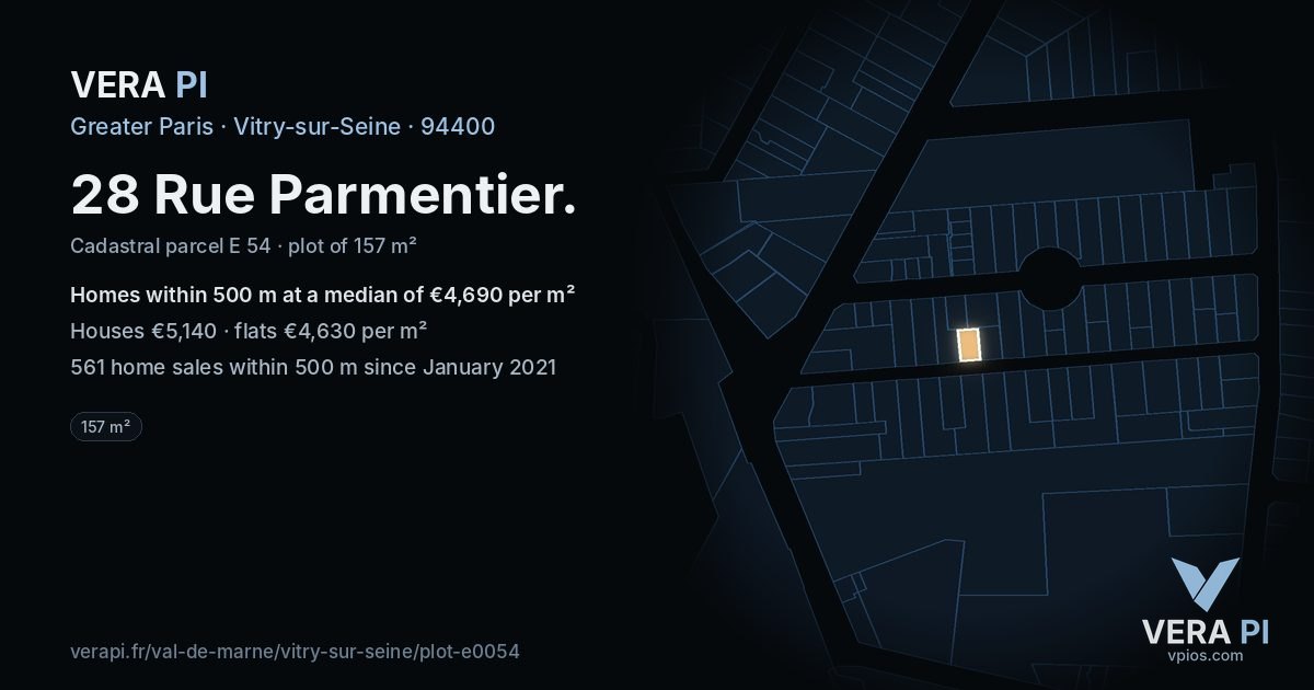 28 Rue Parmentier, Vitry-sur-Seine at night – the plot lit, the parcels around coloured by the prices near them