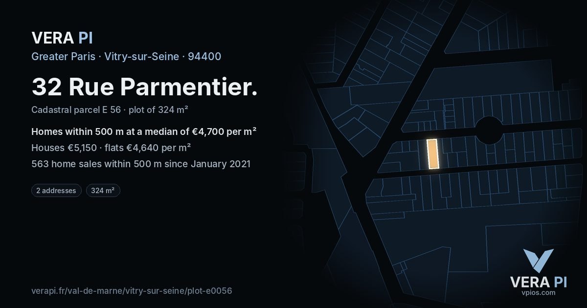 32 Rue Parmentier, Vitry-sur-Seine at night – the plot lit, the parcels around coloured by the prices near them