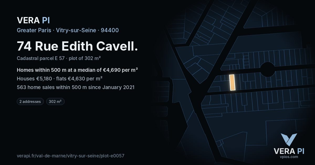 74 Rue Edith Cavell, Vitry-sur-Seine at night – the plot lit, the parcels around coloured by the prices near them