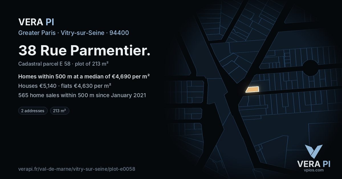 38 Rue Parmentier, Vitry-sur-Seine at night – the plot lit, the parcels around coloured by the prices near them