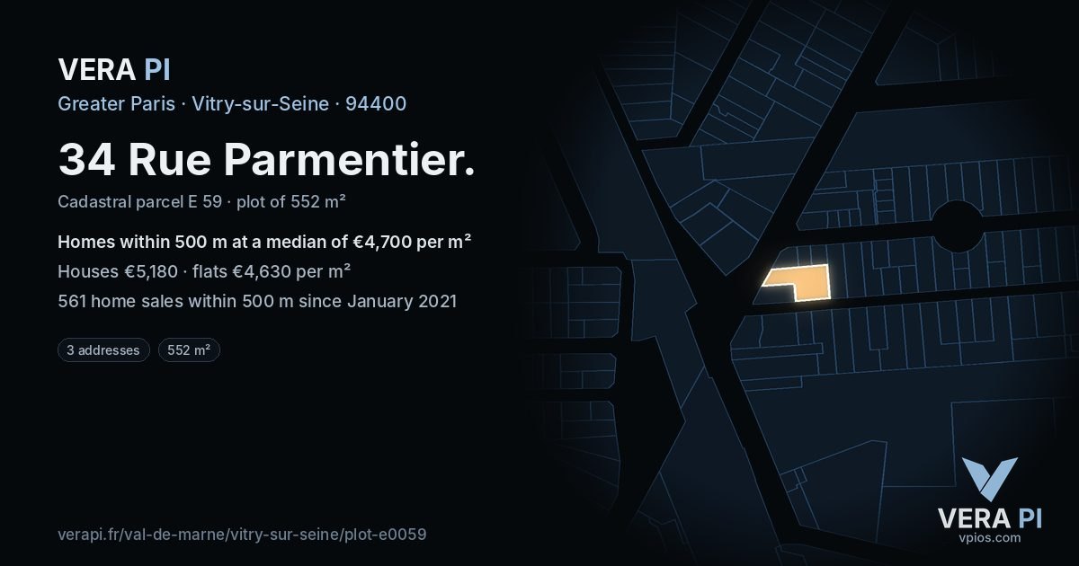 34 Rue Parmentier, Vitry-sur-Seine at night – the plot lit, the parcels around coloured by the prices near them