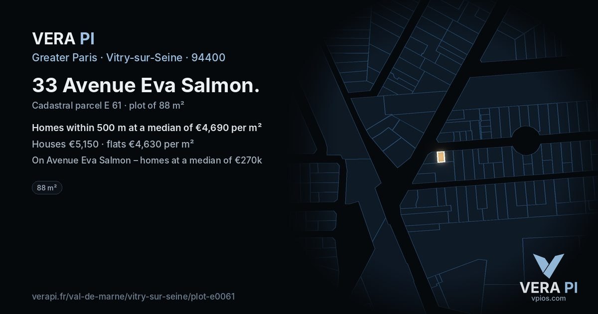33 Avenue Eva Salmon, Vitry-sur-Seine at night – the plot lit, the parcels around coloured by the prices near them