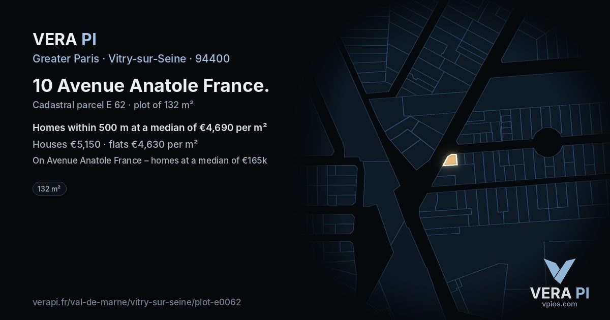 10 Avenue Anatole France, Vitry-sur-Seine at night – the plot lit, the parcels around coloured by the prices near them