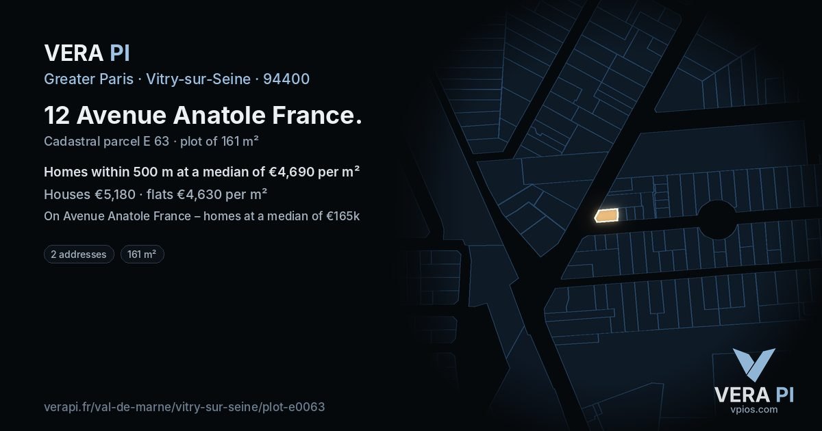 12 Avenue Anatole France, Vitry-sur-Seine at night – the plot lit, the parcels around coloured by the prices near them
