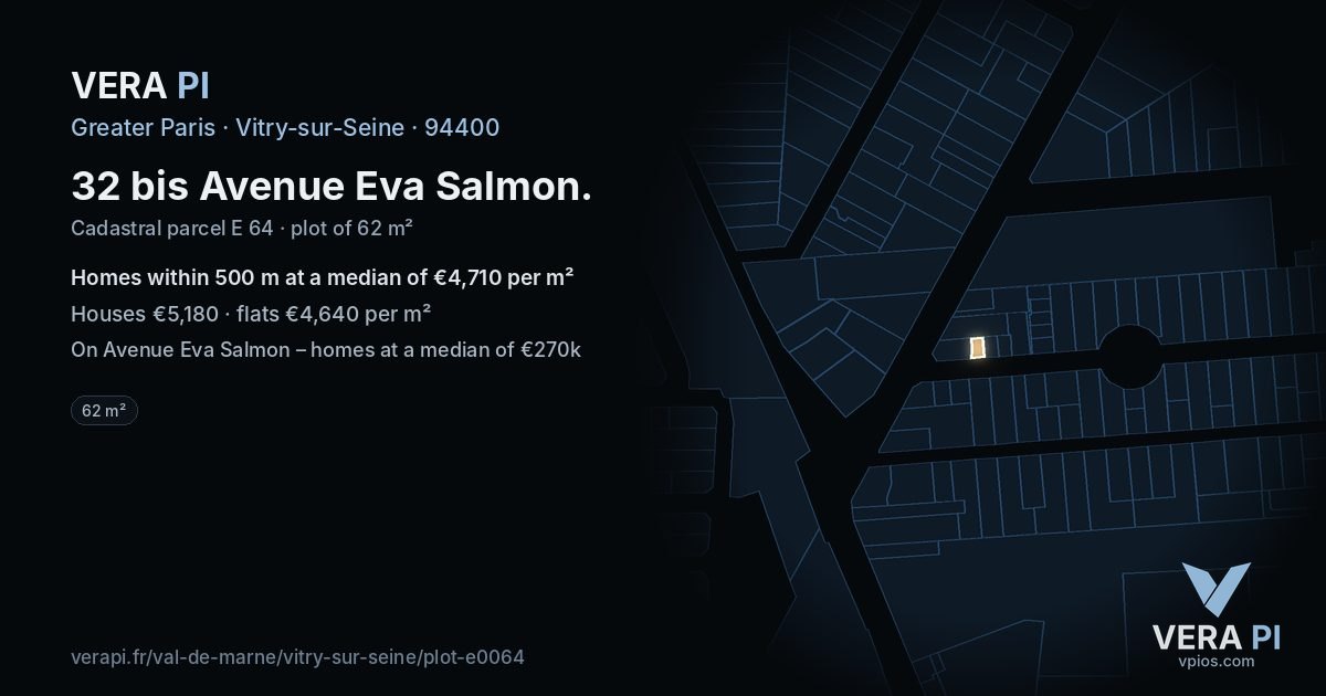 32 bis Avenue Eva Salmon, Vitry-sur-Seine at night – the plot lit, the parcels around coloured by the prices near them