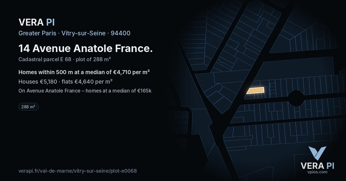 14 Avenue Anatole France, Vitry-sur-Seine at night – the plot lit, the parcels around coloured by the prices near them
