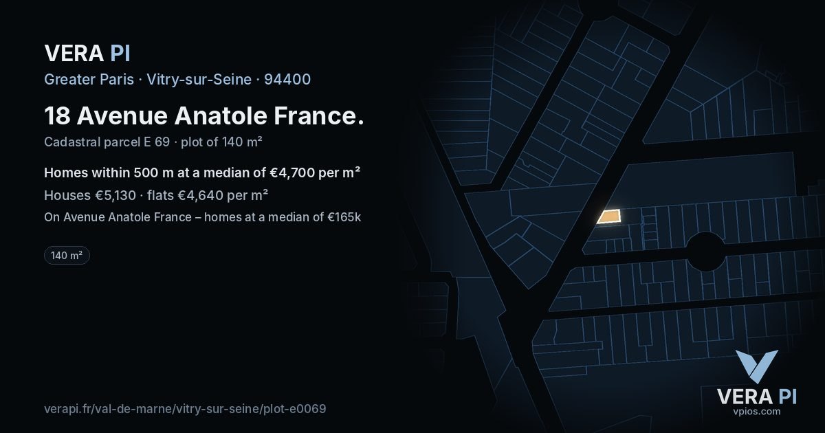 18 Avenue Anatole France, Vitry-sur-Seine at night – the plot lit, the parcels around coloured by the prices near them