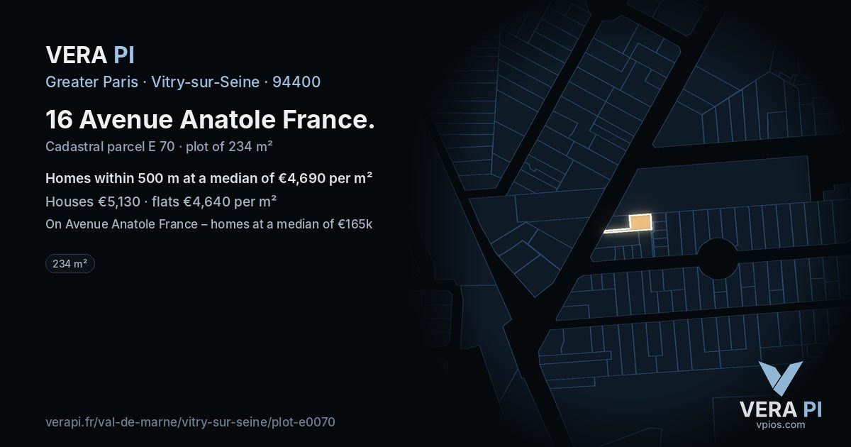 16 Avenue Anatole France, Vitry-sur-Seine at night – the plot lit, the parcels around coloured by the prices near them