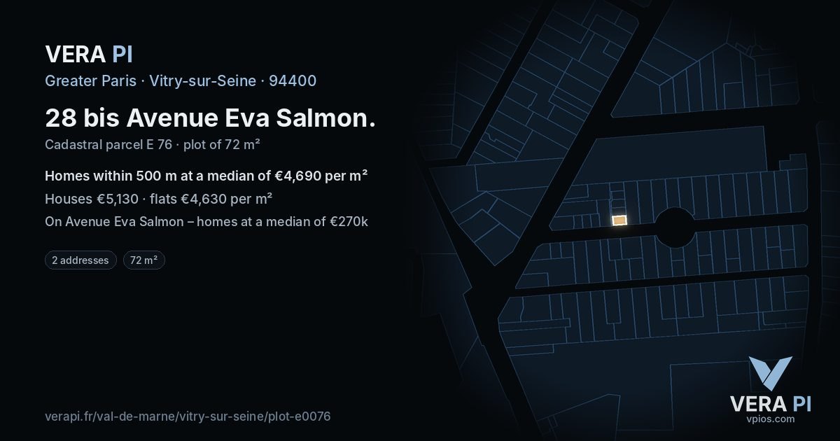 28 bis Avenue Eva Salmon, Vitry-sur-Seine at night – the plot lit, the parcels around coloured by the prices near them