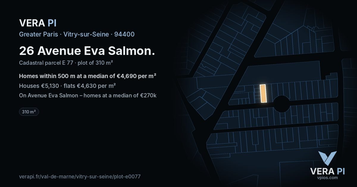 26 Avenue Eva Salmon, Vitry-sur-Seine at night – the plot lit, the parcels around coloured by the prices near them