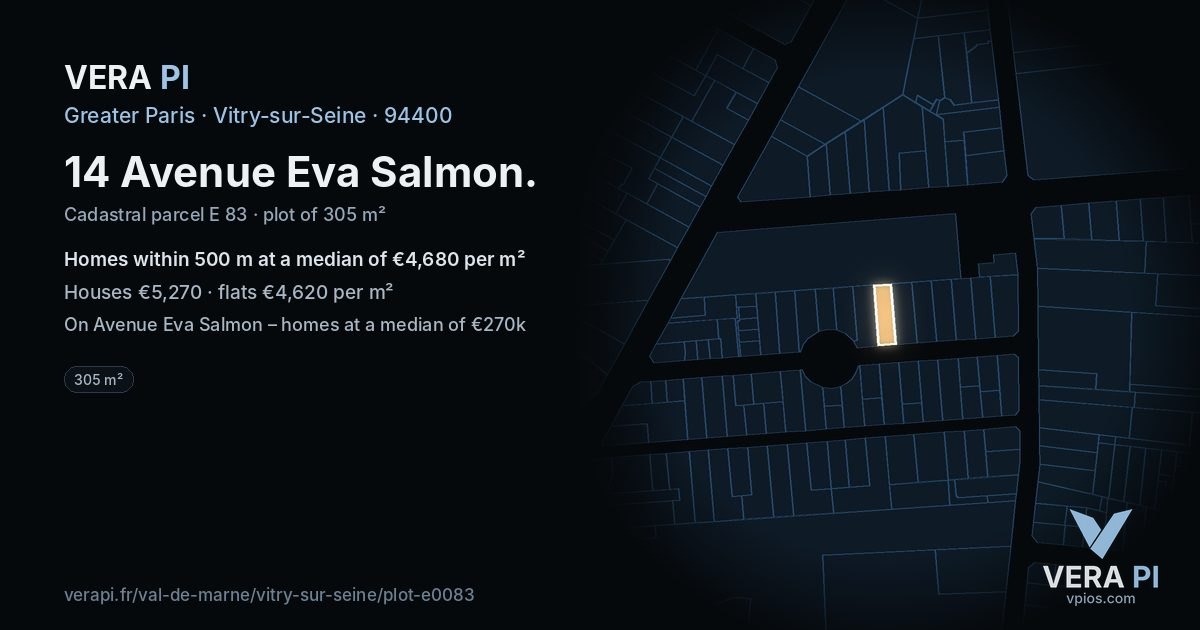 14 Avenue Eva Salmon, Vitry-sur-Seine at night – the plot lit, the parcels around coloured by the prices near them