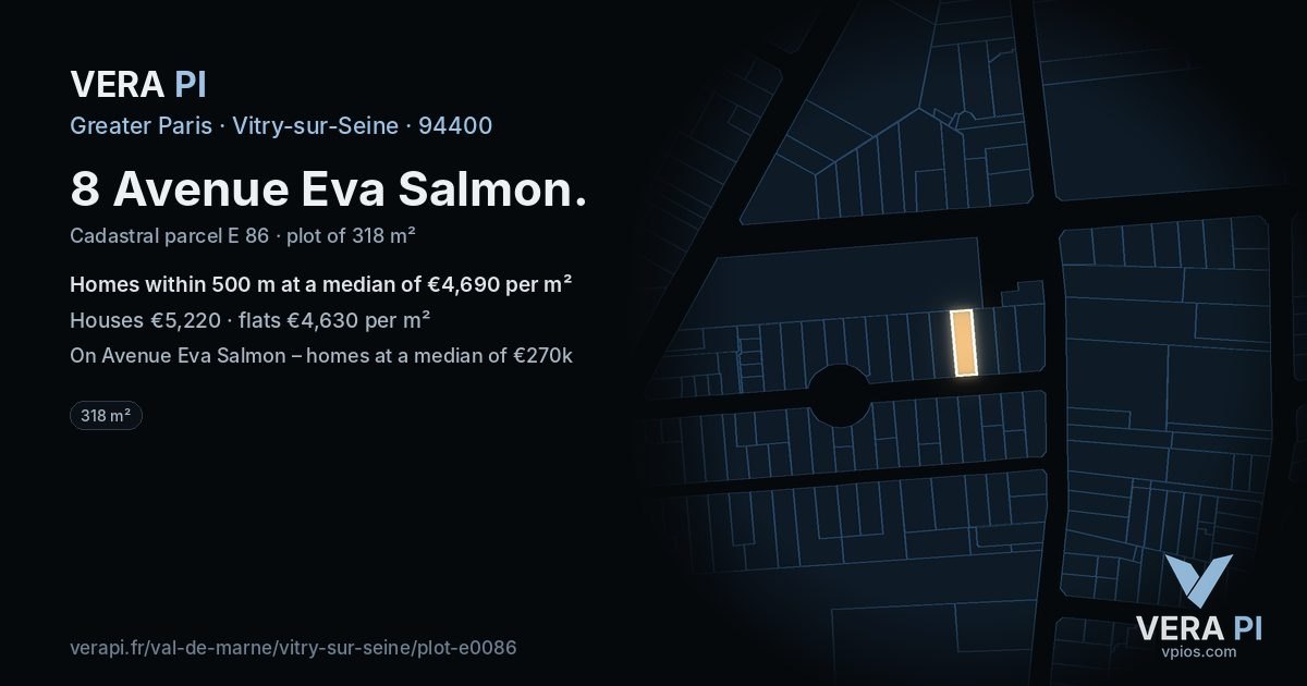 8 Avenue Eva Salmon, Vitry-sur-Seine at night – the plot lit, the parcels around coloured by the prices near them