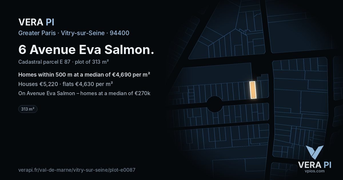 6 Avenue Eva Salmon, Vitry-sur-Seine at night – the plot lit, the parcels around coloured by the prices near them
