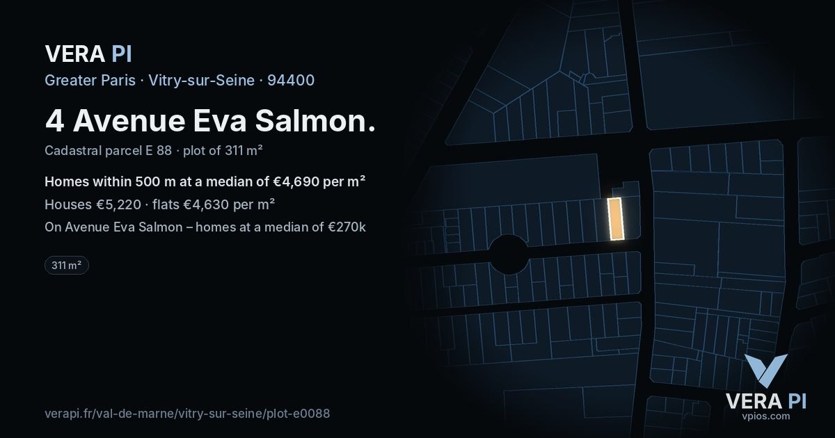 4 Avenue Eva Salmon, Vitry-sur-Seine at night – the plot lit, the parcels around coloured by the prices near them