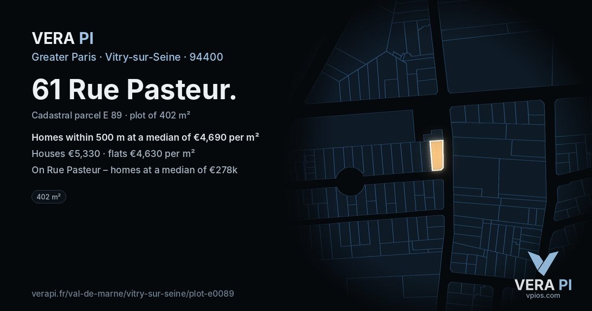 61 Rue Pasteur, Vitry-sur-Seine at night – the plot lit, the parcels around coloured by the prices near them