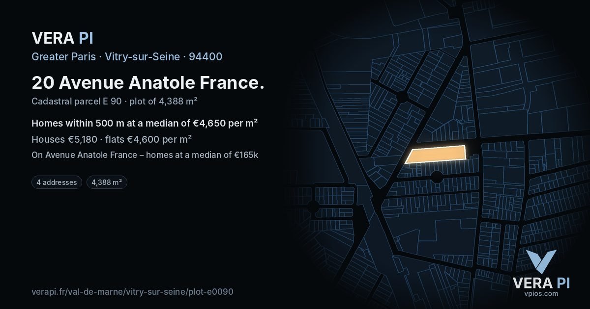 20 Avenue Anatole France, Vitry-sur-Seine at night – the plot lit, the parcels around coloured by the prices near them