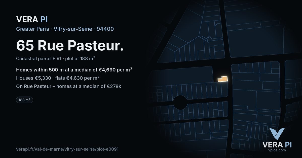 65 Rue Pasteur, Vitry-sur-Seine at night – the plot lit, the parcels around coloured by the prices near them