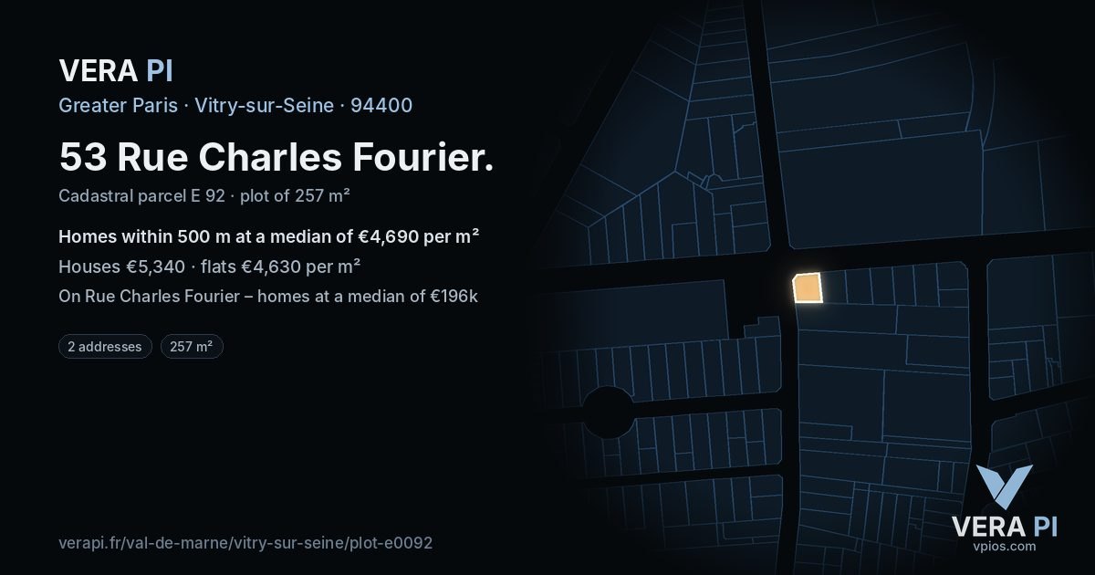 53 Rue Charles Fourier, Vitry-sur-Seine at night – the plot lit, the parcels around coloured by the prices near them