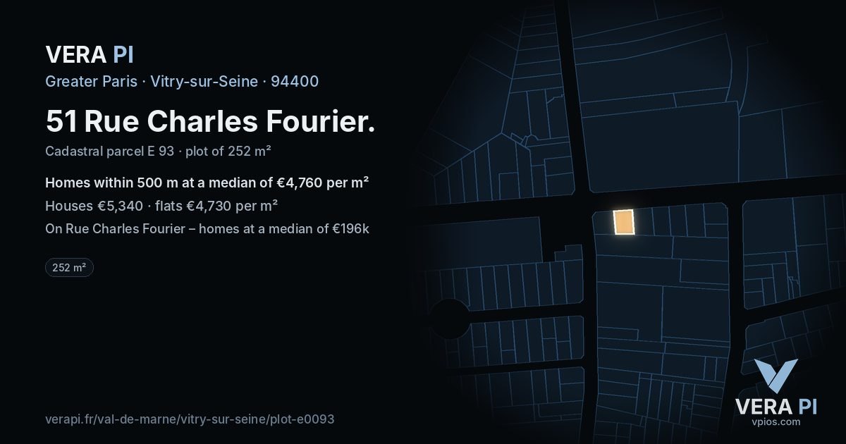 51 Rue Charles Fourier, Vitry-sur-Seine at night – the plot lit, the parcels around coloured by the prices near them